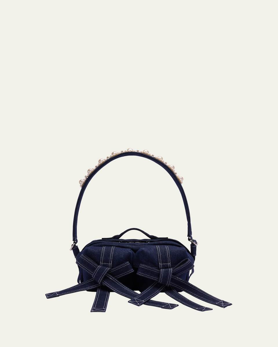 Classic Pearly-Embellished Bow Denim Crossbody Bag